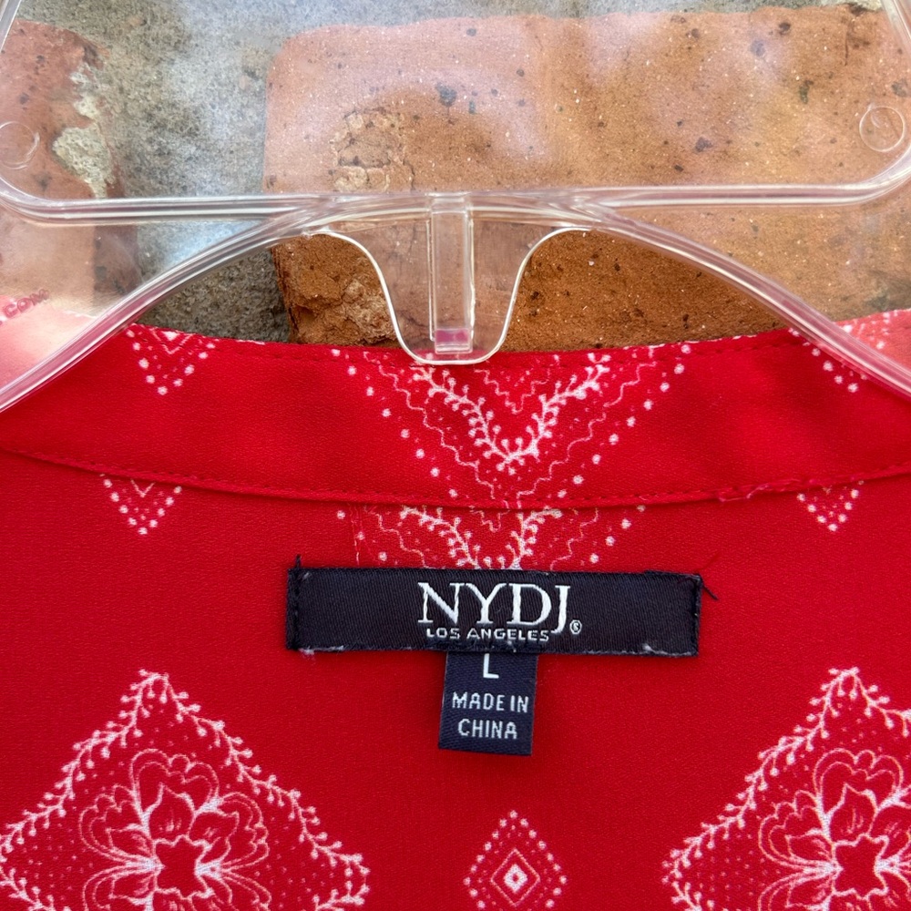 NYDJ Red Printed Pintuck Peasant Blouse L - Picture 2 of 7